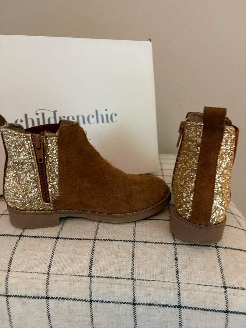 Childrenchic Girls' Gold Glitter & Brown Suede Ankle Boots